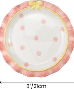 Alternative view of Cute Ceramic Plate Pink Dot Lovely Wavy Lace Ceramic Plate with Bow Porcelain Dessert Plate (Pink-8 Inch)
