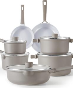 Ceramic Cookware Set 12 Piece, Healthy & PFOA/PFAS Free, Nonstick Pots and Pans Set, Induction-Compatible, Taupe