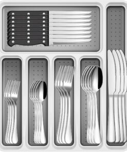 49-Piece Stainless Steel Silverware Set with Cutlery Organizer, Service for 8 with Steak Knives and Kitchen Utensils
