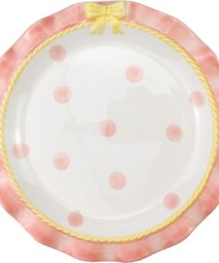 Cute Ceramic Plate Pink Dot Lovely Wavy Lace Ceramic Plate with Bow Porcelain Dessert Plate (Pink-8 Inch)