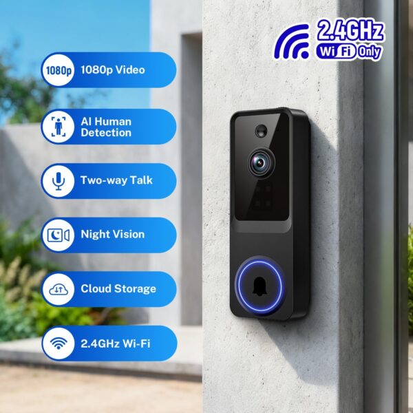 Alternative view of 1080P Wireless Video Doorbell Camera with Motion Detection, Two-Way Audio, Night Vision, Cloud Storage and Rechargeable Battery