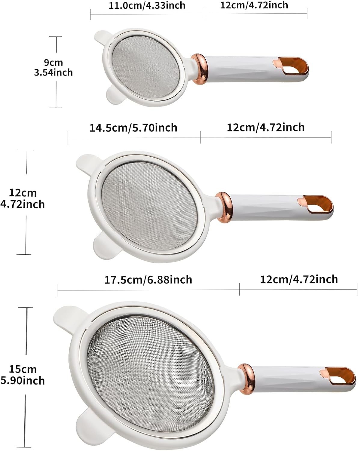 Fine Mesh Strainer Set, 3.54"/4.72"/5.9" 304 Stainless Steel Skimmer Spoon Sieves with Handles for Kitchen Baking Oil Filter Flour Sifter Foam - White - Image 2