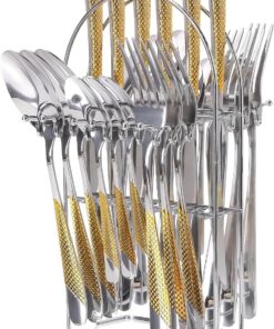 Gold Silverware Set,  24 Pieces Flatware Set with Silverware Holder, Stainless Steel Knives and Forks and Spoons Cutlery Set Service for 6, Kitchen Utensil Tableware Set with Antiskid Handle