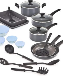 Nonstick Cookware Set with Glass Lids - Aluminum Bakeware, Pots and Pans, Storage Bowls & Utensils, Compatible with All Stovetops, 21 Piece, Black