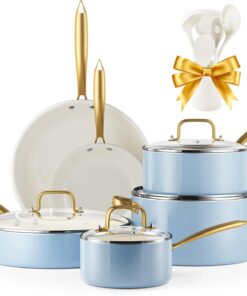Ceramic Cookware Set,  16 Pcs Pots and Pans Set Non Stick, Kitchen Cookware Sets with Cooking Utensils Set, Non Toxic Cookware Set White Gold Pan Set for Cooking Pot Oven & Dishwasher Safe, Gift