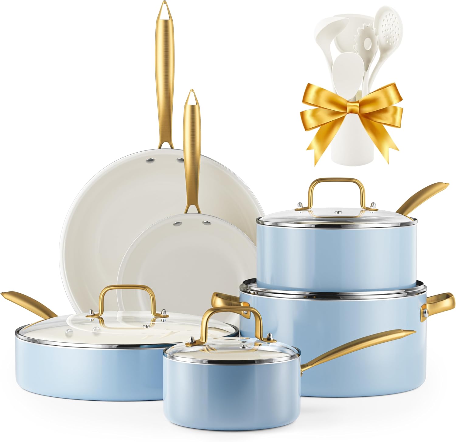 Ceramic Cookware Set, 16 Pcs Pots and Pans Set Non Stick, Kitchen Cookware Sets with Cooking Utensils Set, Non Toxic Cookware Set White Gold Pan Set for Cooking Pot Oven & Dishwasher Safe, Gift