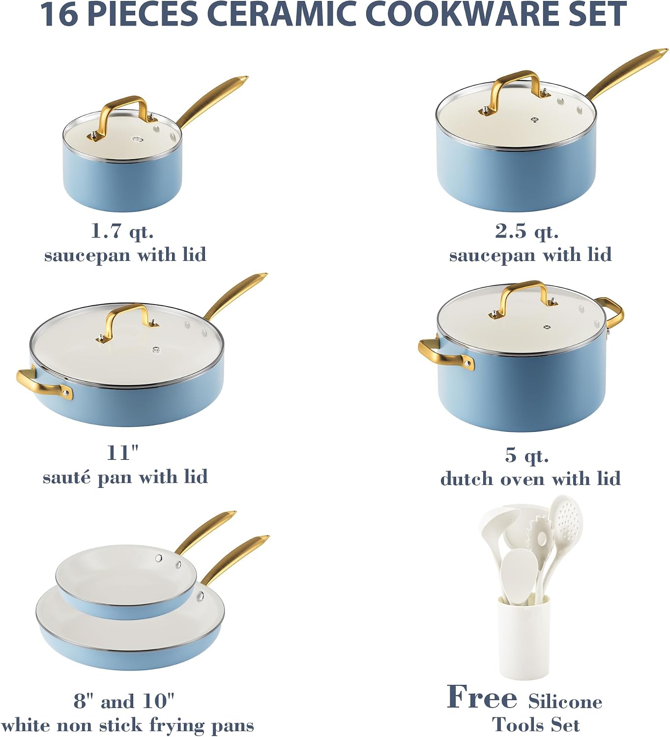 Ceramic Cookware Set, 16 Pcs Pots and Pans Set Non Stick, Kitchen Cookware Sets with Cooking Utensils Set, Non Toxic Cookware Set White Gold Pan Set for Cooking Pot Oven & Dishwasher Safe, Gift - Image 2