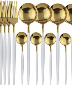 24-Piece Flatware Set, 18/0 Stainless Steel Knife Fork Spoon Teaspoon Silverware Set, Service for 6, White Handle Gold