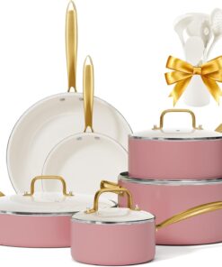 Ceramic Pots and Pans Set -  Non Toxic Cookware Set with Cooking Utensils Set, Kitchen Cookware Sets Dutch Oven Pot Saucepan Set Sauté Pan Frying Pan Set for Cooking Pot Gold Kitchenware Gift