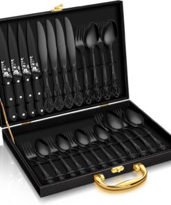 24 Pcs Black Silverware Set with Gift Box, Gorgeous Retro Royal Silverware Set for 4, Stainless Steel Mirror Flatware Cutlery Set for Home Party Wedding, Dishwasher Safe Utensils Set