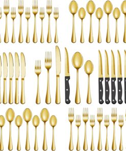 24 Pcs Gold Silverware Set with Steak Knives, Stainless Steel Flatware Cutlery Set Service for 4, Kitchen Tableware Set, Utensil Set for Home and Restaurant, Knives Forks Spoon Set, Dishwasher Safe