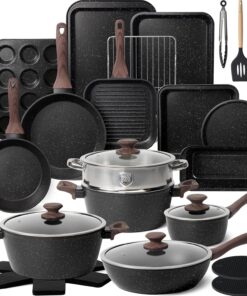 31 Pcs Kitchen Cookware Set, Non Stick Pots and Pans Set Nonstick Cooking Set with Grill Pan, Saucepan, Baking Sheet, Utensils