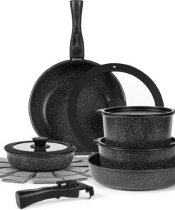 15 Pcs Premium Nonstick Cookware Set_Marble Coated Interior & Exterior_Outperforms Granite_Removable Handle, RV Space Saving_Frying Pans, Saucepans_Induction & Oven Safe_PFOA Free, Healthy Cooking
