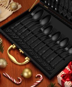 Alternative view of 24 Pcs Black Silverware Set with Gift Box, Gorgeous Retro Royal Silverware Set for 4, Stainless Steel Mirror Flatware Cutlery Set for Home Party Wedding, Dishwasher Safe Utensils Set