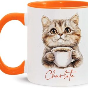 Personalised Cat Coffee Ceramic Mug with Orange Handle