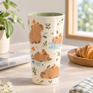 Custom Cute Capybara Ceramic Tumbler with Orange and Botanical Illustrations