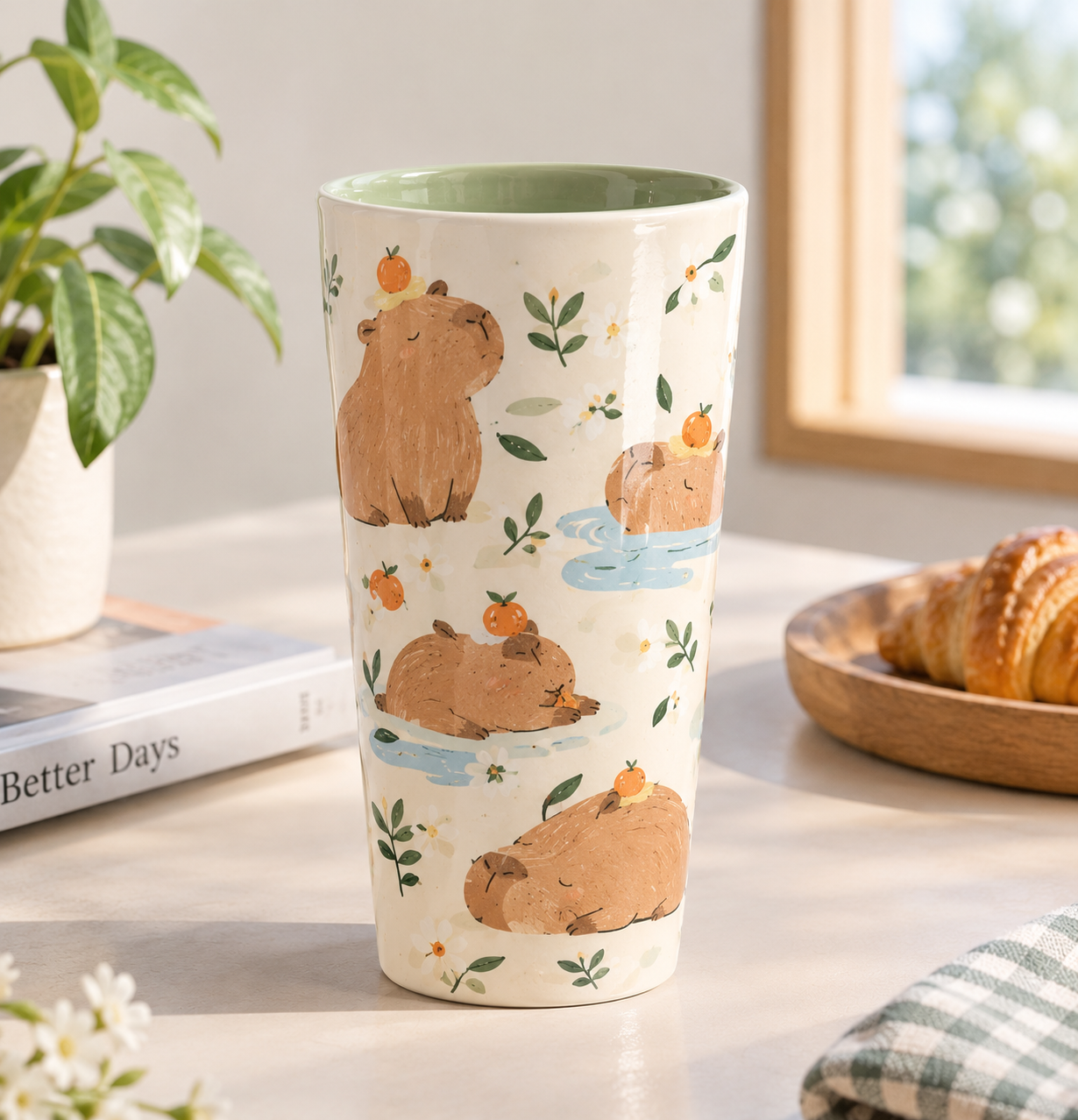 Custom Cute Capybara Ceramic Tumbler with Orange and Botanical Illustrations